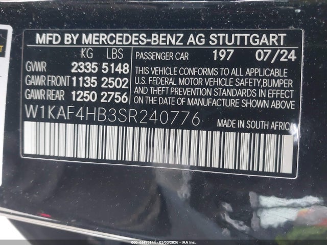44493144 :رقم المزاد ، W1KAF4HB3SR240776 vin ، 2025 Mercedes-benz C 300 مزاد بيع