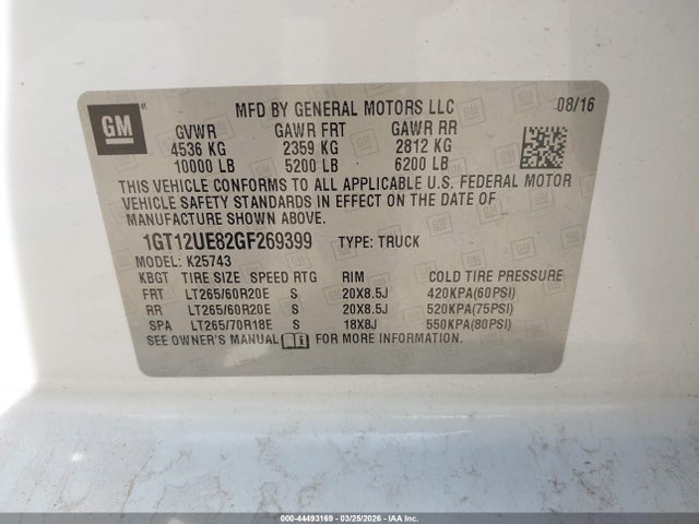 Aukcja sprzedaży 2016 Gmc Sierra 2500hd Denali, vin: 1GT12UE82GF269399, numer aukcji: 44493169