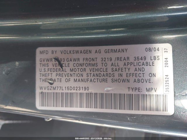 44493202 :رقم المزاد ، WVGZM77L15D023190 vin ، 2005 Volkswagen Touareg V8 مزاد بيع