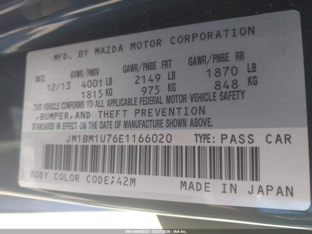 Aukcja sprzedaży 2014 Mazda Mazda3 I Sport, vin: JM1BM1U76E1166020, numer aukcji: 44493233