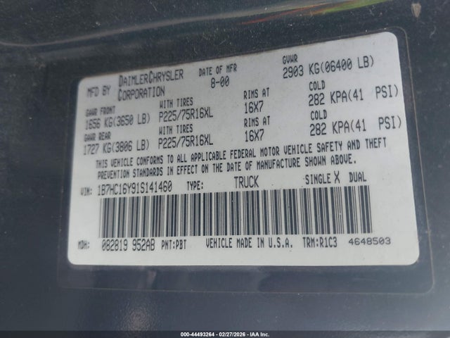 44493264 :رقم المزاد ، 1B7HC16Y91S141460 vin ، 2001 Dodge Ram 1500 St مزاد بيع