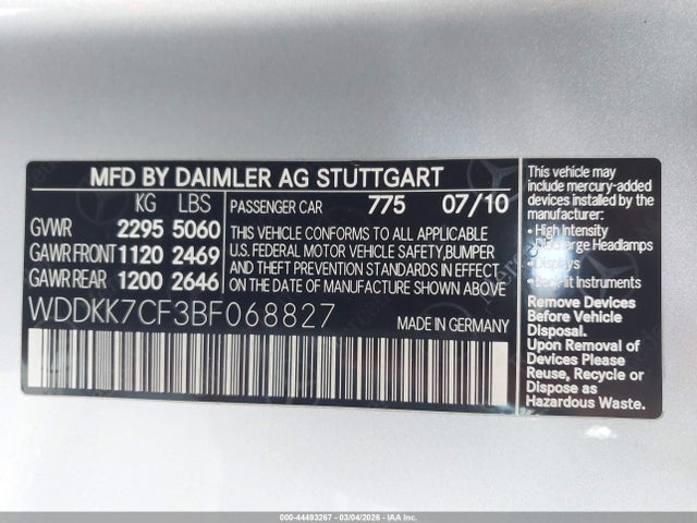 44493267 :رقم المزاد ، WDDKK7CF3BF068827 vin ، 2011 Mercedes-benz E 550 مزاد بيع