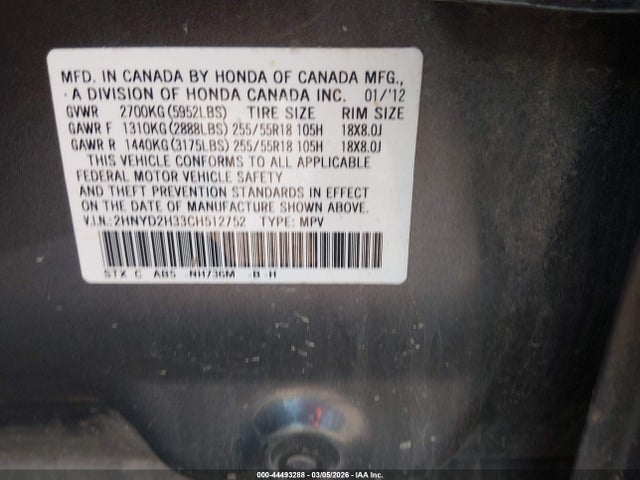 Aukcja sprzedaży 2012 Acura Mdx Technology Package, vin: 2HNYD2H33CH512752, numer aukcji: 44493288