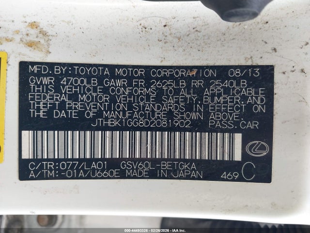 Aukcja sprzedaży 2013 Lexus Es 350, vin: JTHBK1GG8D2081902, numer aukcji: 44493328