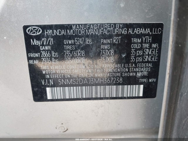 2021 HYUNDAI SANTA FE 5NMS2DAJ3MH367238 Photo 8