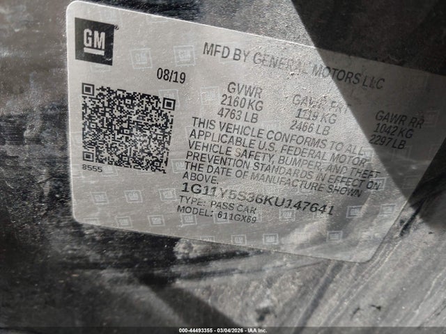 Продаж на аукціоні авто 2019 Chevrolet Impala Ls, vin: 1G11Y5S36KU147641, номер лоту: 44493355