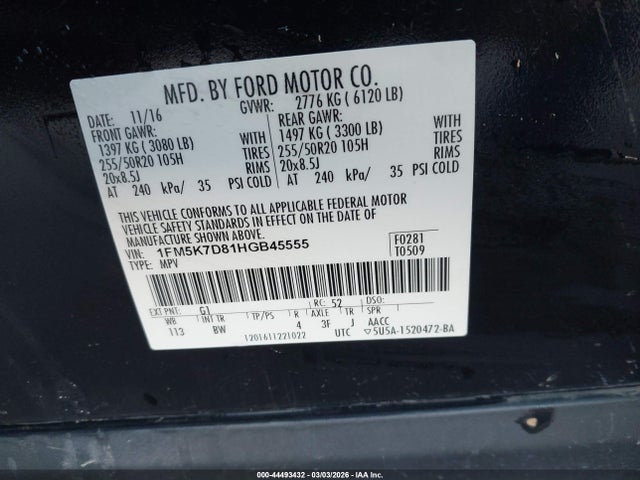 1FM5K7D81HGB45555 Ford EXPLORER XLT