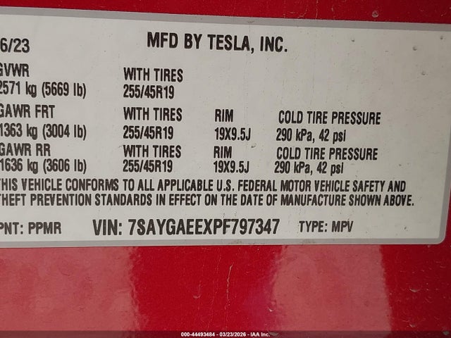 2023 Tesla Model Y მანქანა იყიდება აუქციონზე, vin: 7SAYGAEEXPF797347, აუქციონის ნომერი: 44493484