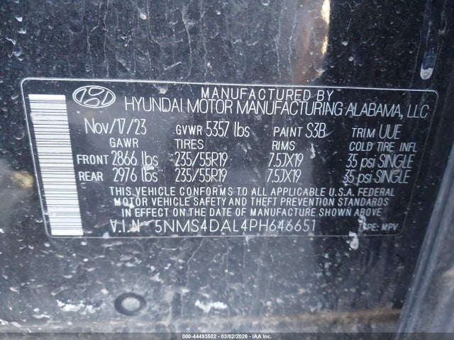 Продаж на аукціоні авто 2023 Hyundai Santa Fe Limited, vin: 5NMS4DAL4PH646651, номер лоту: 44493502