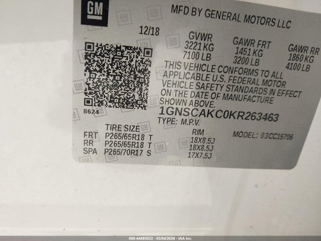 2019 CHEVROLET TAHOE 1GNSCAKC0KR263463 Photo 8