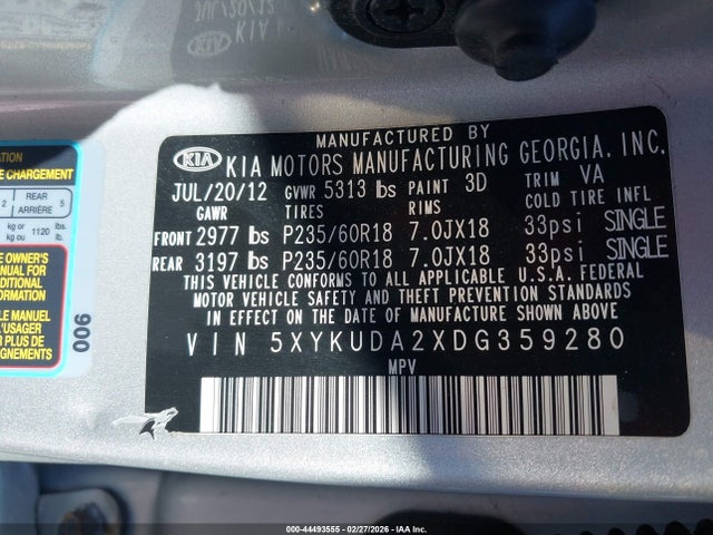 44493555 :رقم المزاد ، 5XYKUDA2XDG359280 vin ، 2013 Kia Sorento Ex V6 مزاد بيع