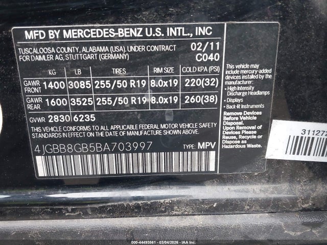 Aukcja sprzedaży 2011 Mercedes-benz Ml 350 4matic, vin: 4JGBB8GB5BA703997, numer aukcji: 44493561