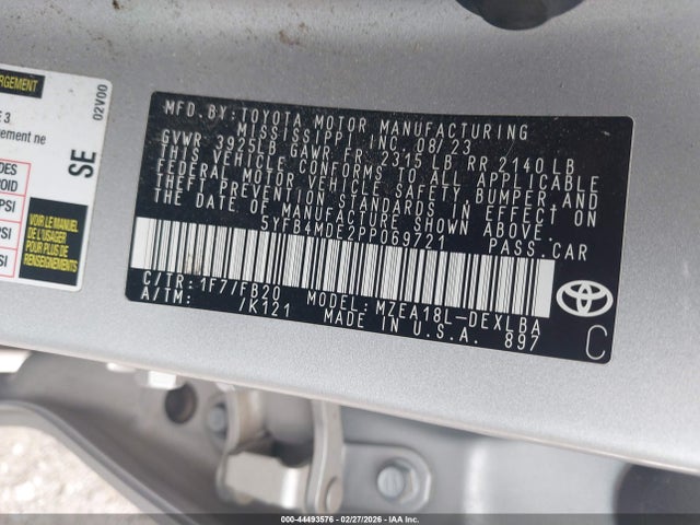 2023 Toyota Corolla Le მანქანა იყიდება აუქციონზე, vin: 5YFB4MDE2PP069721, აუქციონის ნომერი: 44493576