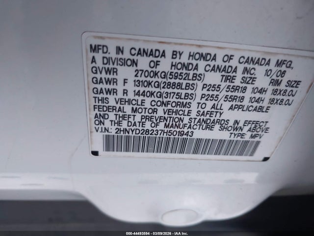 44493594 :رقم المزاد ، 2HNYD28237H501943 vin ، 2007 Acura Mdx مزاد بيع