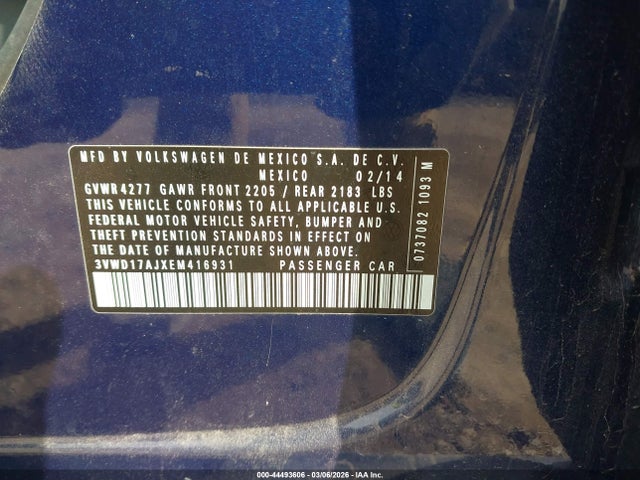 2014 Volkswagen Jetta 1.8t Se მანქანა იყიდება აუქციონზე, vin: 3VWD17AJXEM416931, აუქციონის ნომერი: 44493606