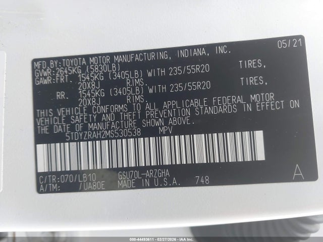 5TDYZRAH2MS530538 Toyota Highlander Limited