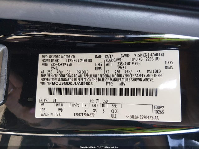 1FMCU9GD0JUA99603 Ford ESCAPE SE