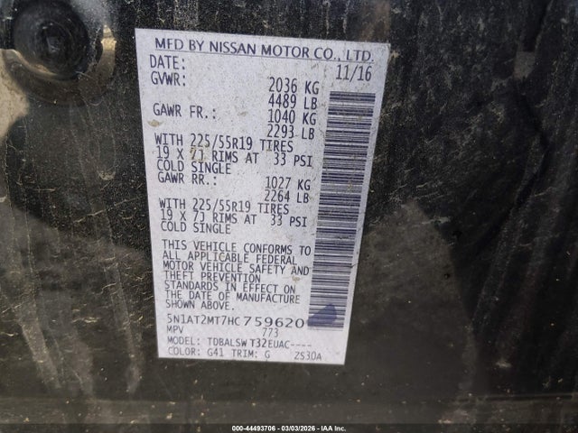 2017 Nissan Rogue Sl მანქანა იყიდება აუქციონზე, vin: 5N1AT2MT7HC759620, აუქციონის ნომერი: 44493706