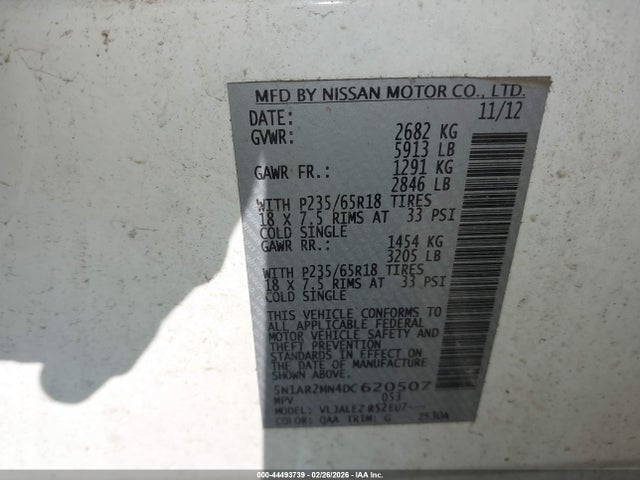 2013 Nissan Pathfinder Sv მანქანა იყიდება აუქციონზე, vin: 5N1AR2MN4DC620507, აუქციონის ნომერი: 44493739