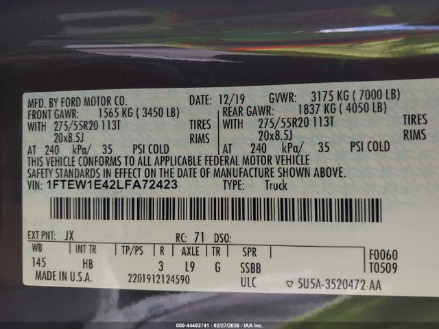 Ford F-150 Lariat 2020 1FTEW1E42LFA72423 Image 9