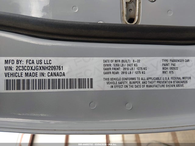 44493752 :رقم المزاد ، 2C3CDXJGXNH209761 vin ، 2022 Dodge Charger Sxt Awd مزاد بيع