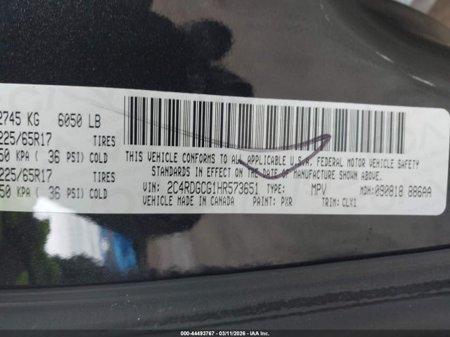 Aukcja sprzedaży 2017 Dodge Grand Caravan Sxt, vin: 2C4RDGCG1HR573651, numer aukcji: 44493767