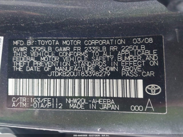 Aukcja sprzedaży 2008 Toyota Prius, vin: JTDKB20U183398279, numer aukcji: 44493808