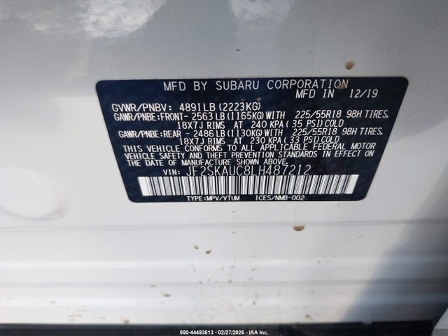 44493813 :رقم المزاد ، JF2SKAUC8LH487212 vin ، 2020 Subaru Forester Limited مزاد بيع