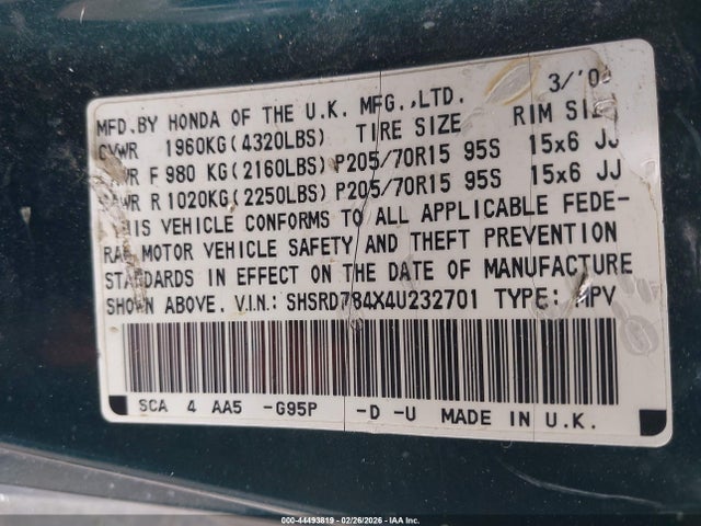 2004 HONDA CR-V SHSRD784X4U232701 Photo 8