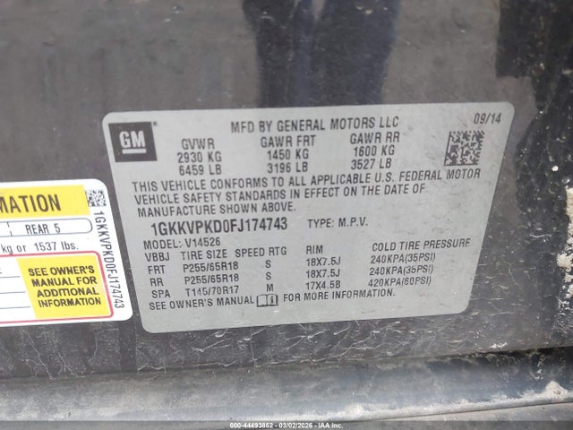 Aukcja sprzedaży 2015 Gmc Acadia Sle-2, vin: 1GKKVPKD0FJ174743, numer aukcji: 44493852