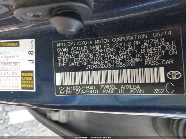 JTDKN3DU3E0386932 Toyota Prius Three