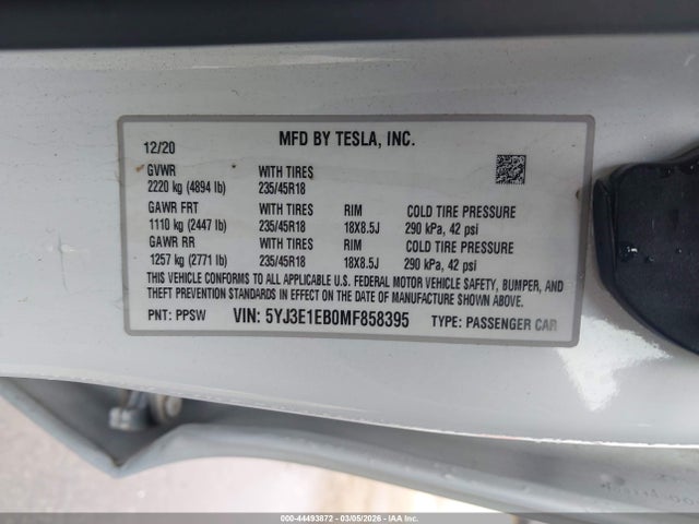 Продаж на аукціоні авто 2021 Tesla Model 3 Long Range Dual Motor All-wheel Drive, vin: 5YJ3E1EB0MF858395, номер лоту: 44493872