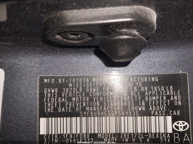 44493877 :رقم المزاد ، 5YFBURHE5GP541935 vin ، 2016 Toyota Corolla S Plus مزاد بيع
