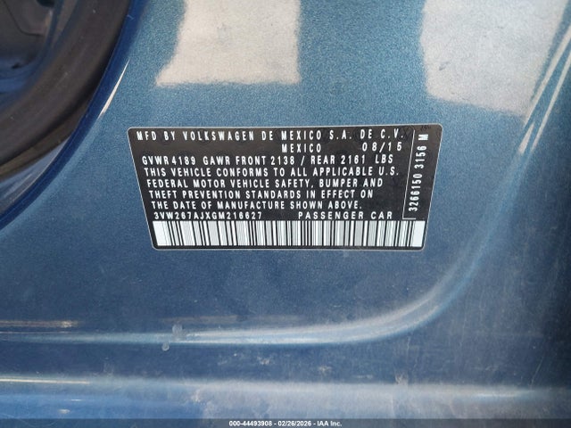 44493908 :رقم المزاد ، 3VW267AJXGM216627 vin ، 2016 Volkswagen Jetta 1.4t S مزاد بيع