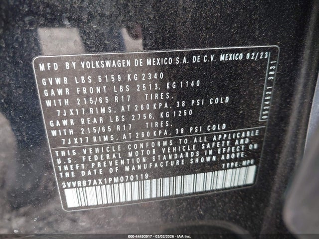 44493917 :رقم المزاد ، 3VVRB7AX1PM070119 vin ، 2023 Volkswagen Tiguan 2.0t S مزاد بيع