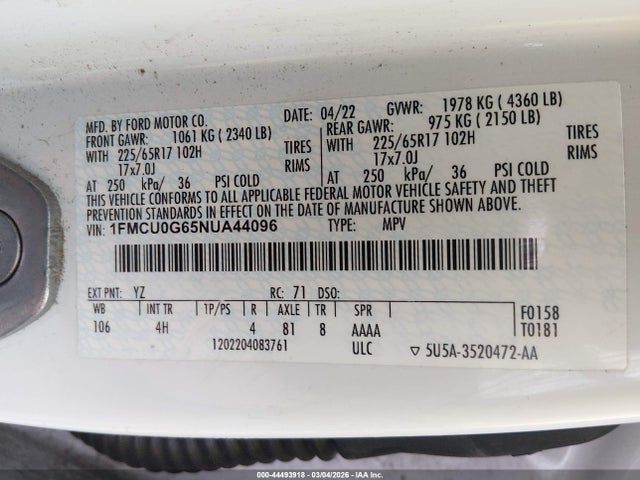 44493918 :رقم المزاد ، 1FMCU0G65NUA44096 vin ، 2022 Ford Escape Se مزاد بيع