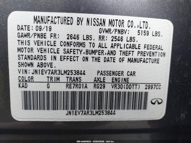 Auction sale of the 2020 Infiniti Q50 Luxe Awd, vin: JN1EV7AR3LM253844, lot number: 44493924