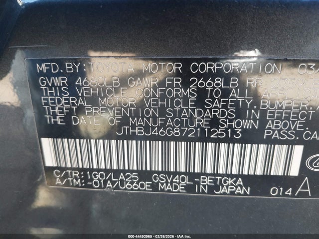 44493965 :رقم المزاد ، JTHBJ46G872112513 vin ، 2007 Lexus Es 350 مزاد بيع