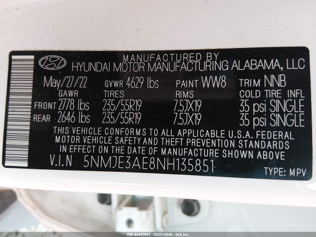 5NMJE3AE8NH135851 Hyundai Tucson Limited