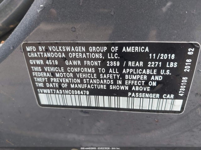 2017 Volkswagen Passat 1.8t Se მანქანა იყიდება აუქციონზე, vin: 1VWBT7A31HC036479, აუქციონის ნომერი: 44493989