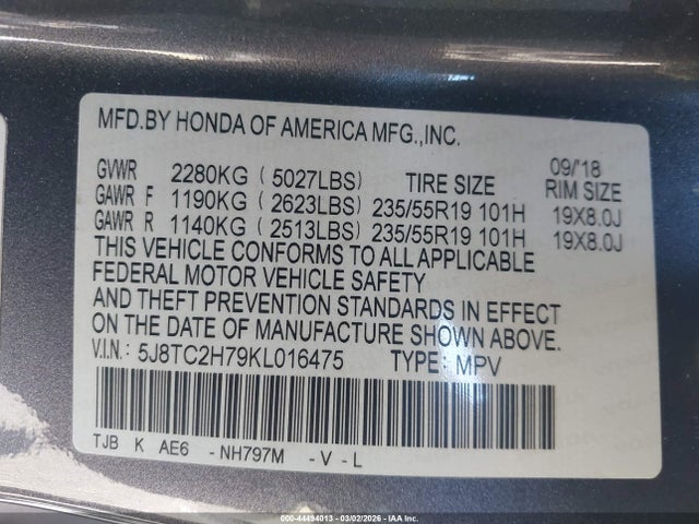 44494013 :رقم المزاد ، 5J8TC2H79KL016475 vin ، 2019 Acura Rdx Advance Package مزاد بيع