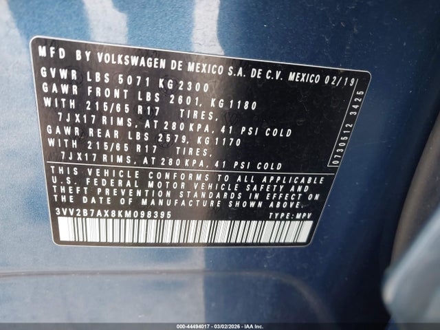 2019 Volkswagen Tiguan 2.0t Se/2.0t Sel/2.0t Sel R-line/2.0t Sel R-line Black მანქანა იყიდება აუქციონზე, vin: 3VV2B7AX8KM098395, აუქციონის ნომერი: 44494017