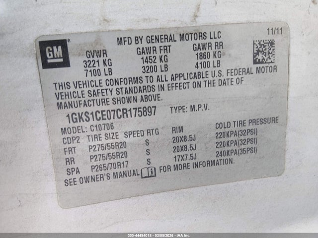 Aukcja sprzedaży 2012 Gmc Yukon Slt, vin: 1GKS1CE07CR175897, numer aukcji: 44494018