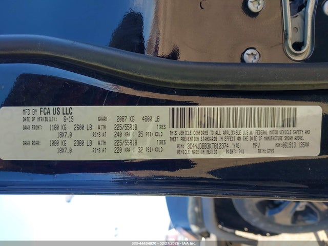 44494020 :رقم المزاد ، 3C4NJDBB3KT812374 vin ، 2019 Jeep Compass Altitude 4x4 مزاد بيع