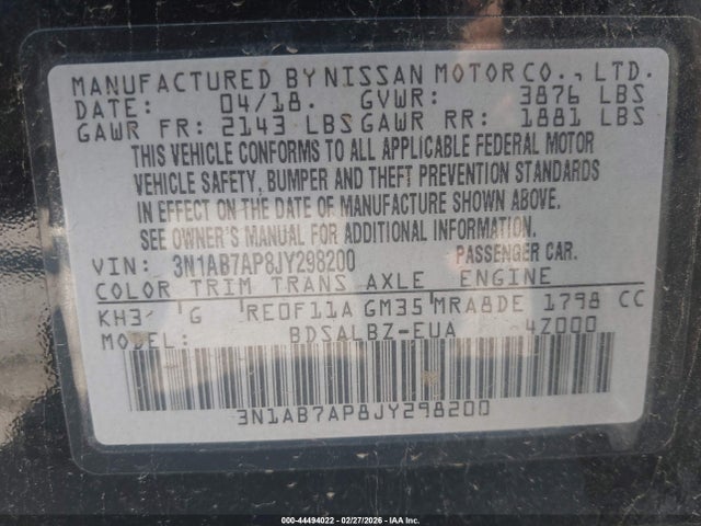3N1AB7AP8JY298200 Nissan SENTRA S