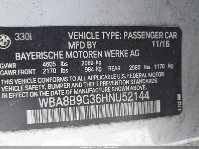 2017 Bmw 330i მანქანა იყიდება აუქციონზე, vin: WBA8B9G36HNU52144, აუქციონის ნომერი: 44494047