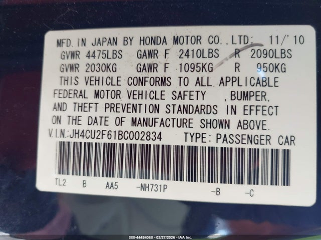 Продаж на аукціоні авто 2011 Acura Tsx 2.4, vin: JH4CU2F61BC002834, номер лоту: 44494060