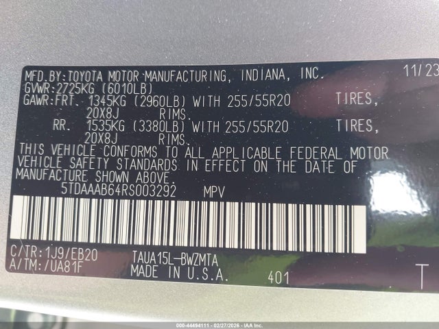 44494111 :رقم المزاد ، 5TDAAAB64RS003292 vin ، 2024 Lexus Tx 350 Premium مزاد بيع