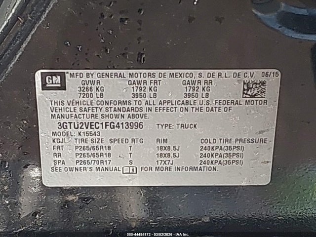 Aukcja sprzedaży 2015 Gmc Sierra 1500 Slt, vin: 3GTU2VEC1FG413996, numer aukcji: 44494172