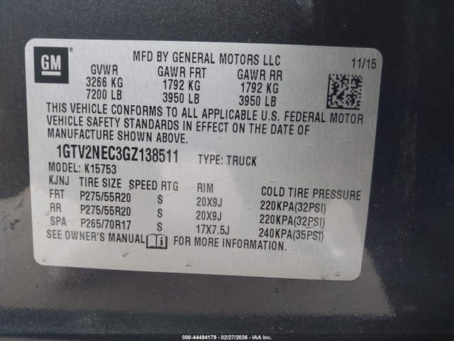 Aukcja sprzedaży 2016 Gmc Sierra 1500 Slt, vin: 1GTV2NEC3GZ138511, numer aukcji: 44494179